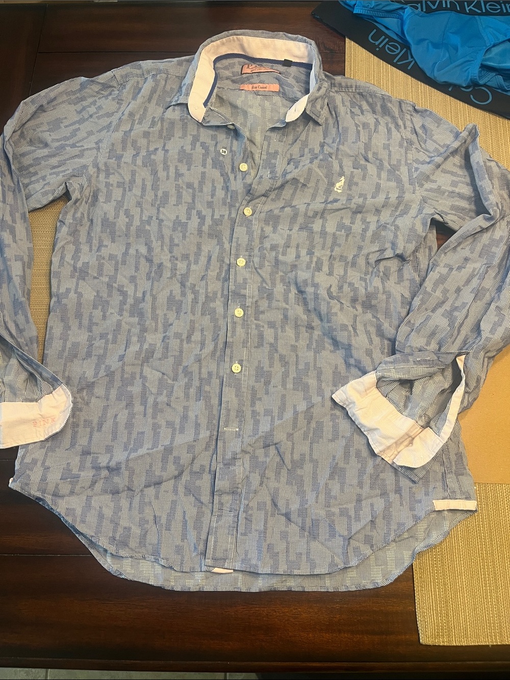 #38 Thomas pink Blue Textured Long-Sleeve Button-Down 👕 flip cuff large shirt